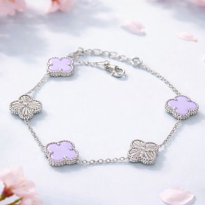 Pulsera Trébol Lila Plata 925 italiana, Mide hasta 8.5" con extension