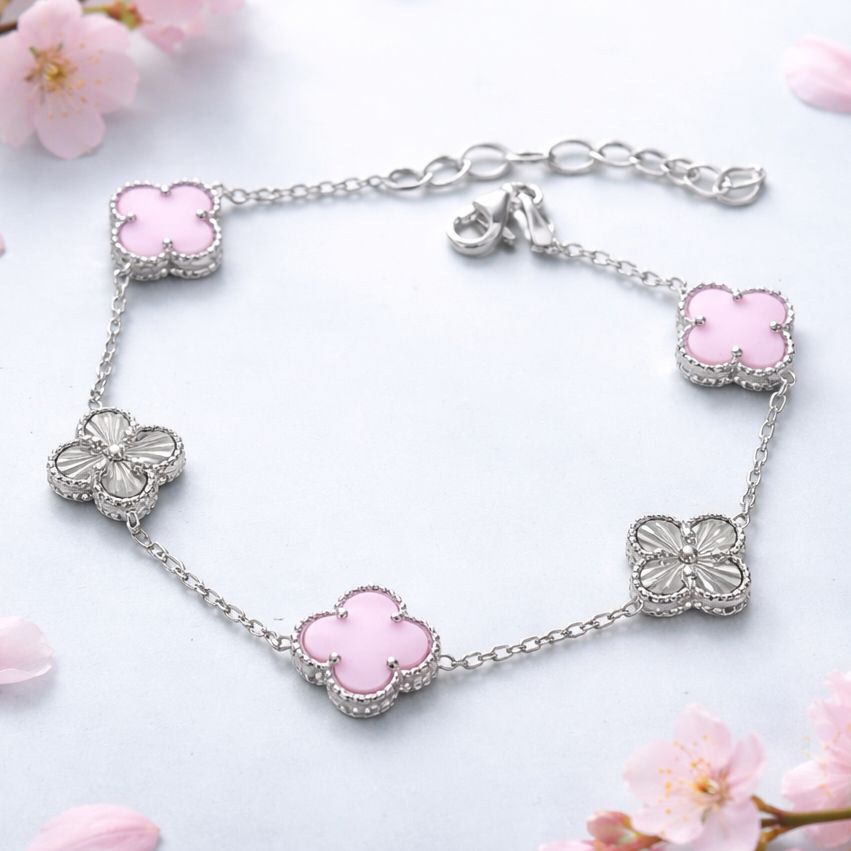 Pulsera Trébol Rosa Pastel Plata 925 italiana, Mide hasta 8.5" con extension