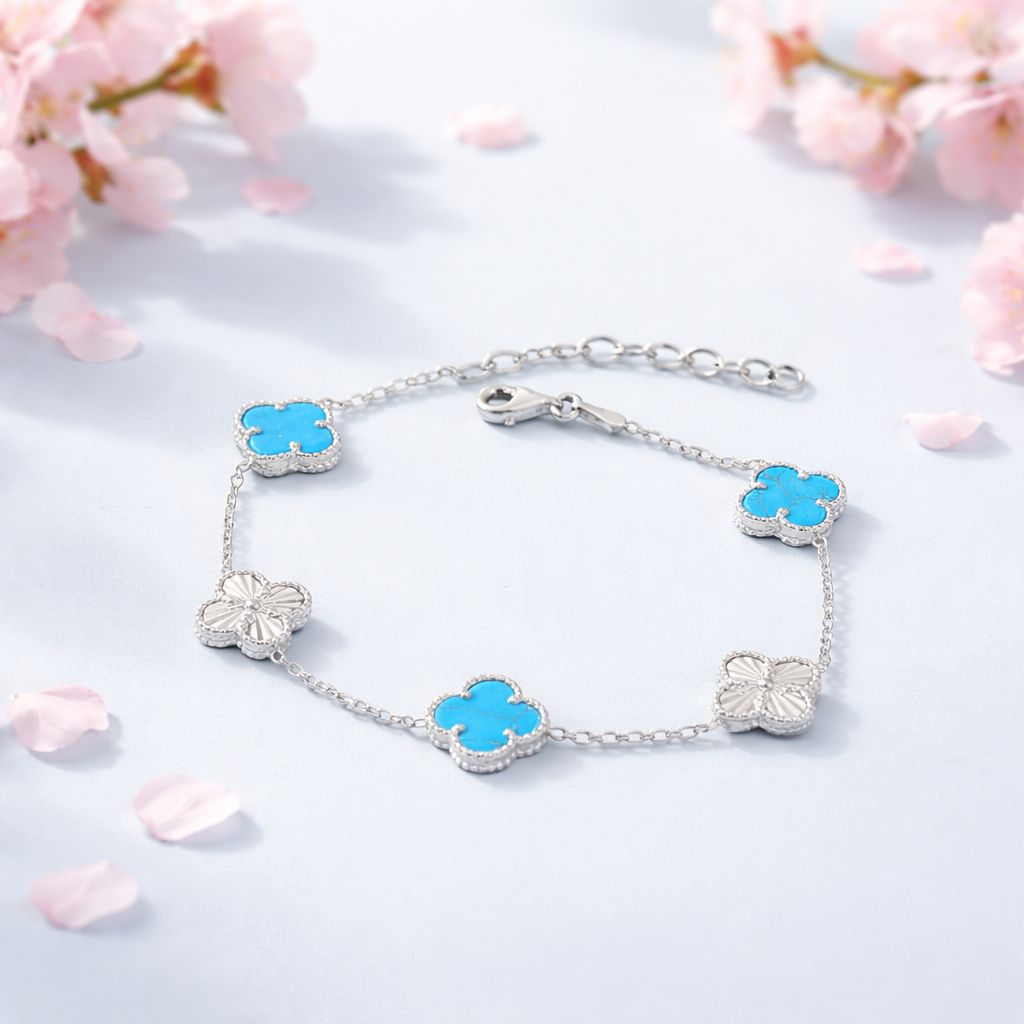 Pulsera Trébol Azul Plata 925 italiana, Mide hasta 8.5" con extension