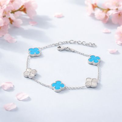 Pulsera Trébol Azul Plata 925 italiana, Mide hasta 8.5" con extension