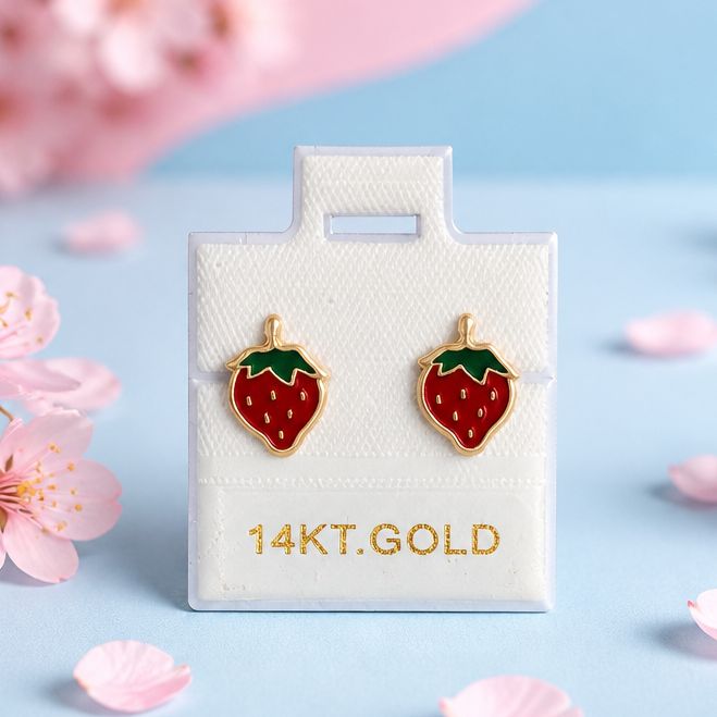 Broquel Fresita Esmaltada Oro 14k Mexicano