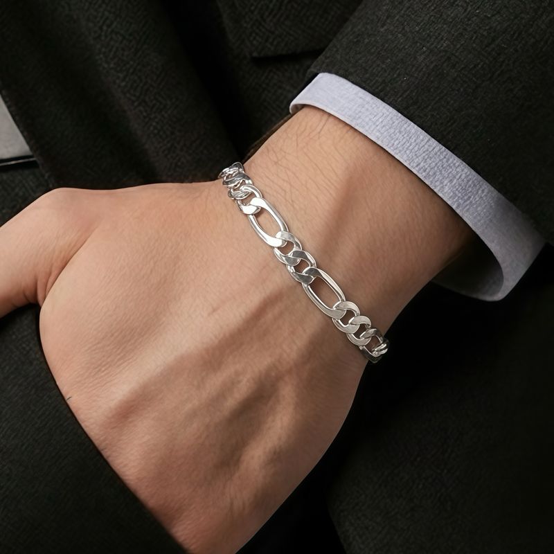 Pulsera Figaro lisa 9mm de ancho y 8" de largo, Plata 925 italiana
