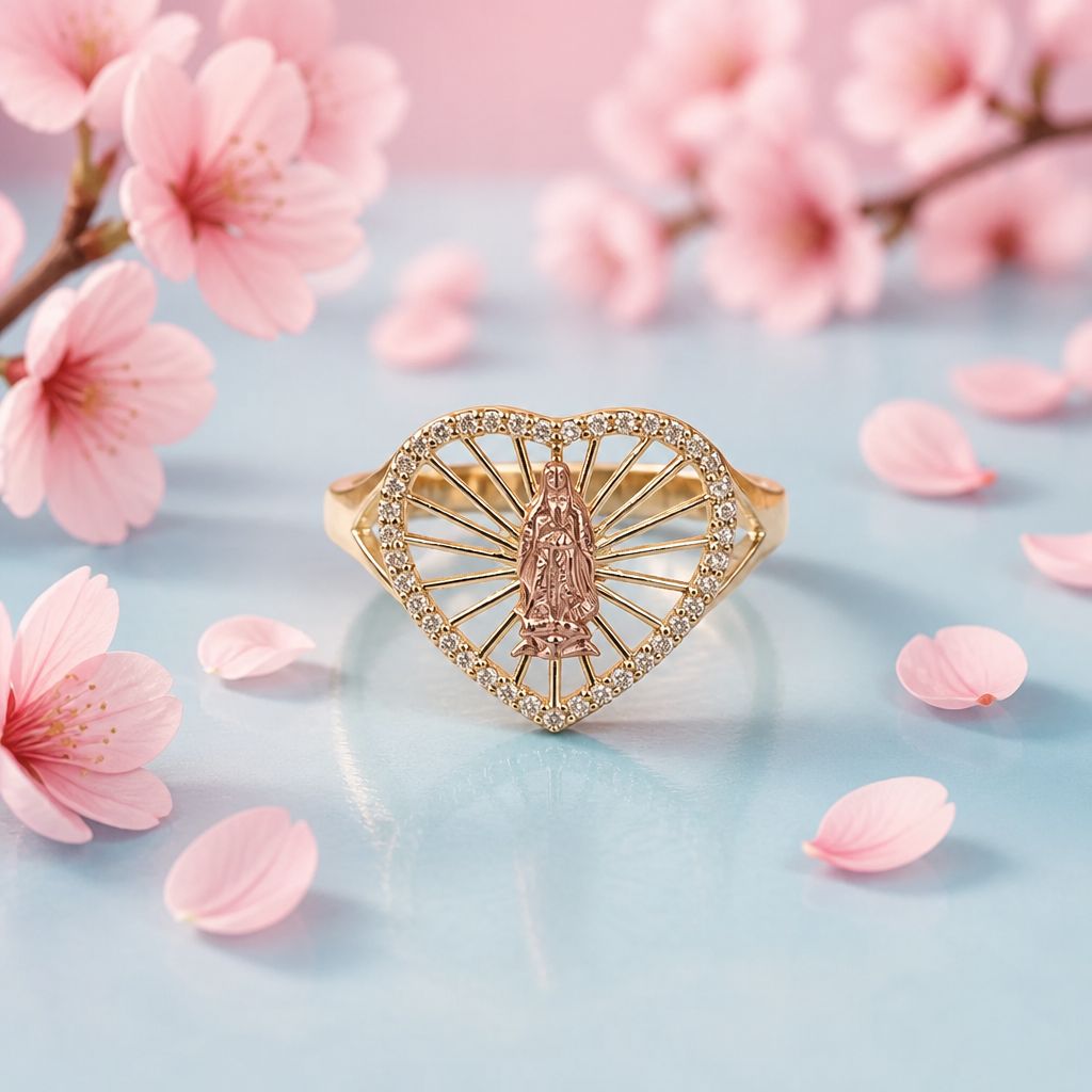 Anillo Corazon Virgen de Guadalupe con Chapa en 18K y plata 925 Italiano