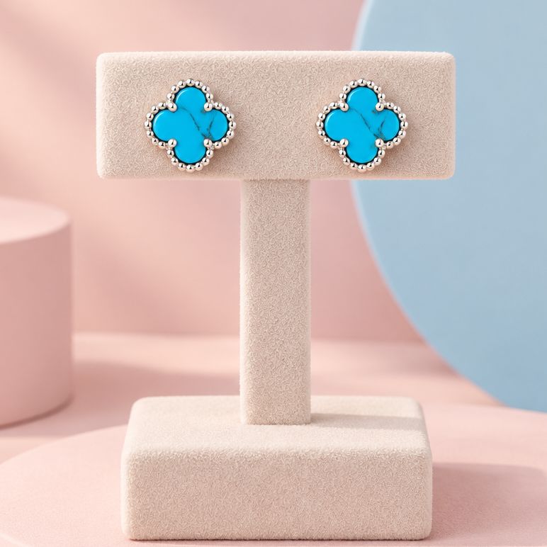 Arete Trébol color Turquesa Grande  Plata 925 Italiana