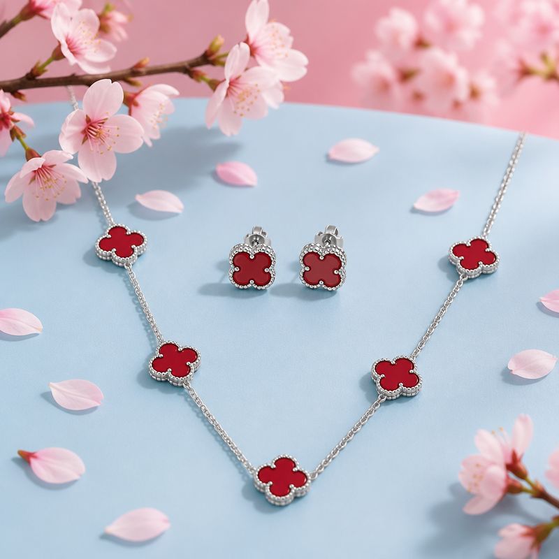 Set Premium Trébol Rojo con Aretes, Collar y Pulsera plata 925 con Rodio Italiana.