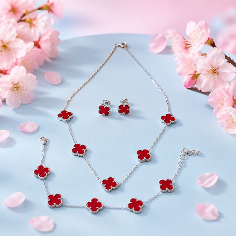 Set Premium Trébol Rojo con Aretes, Collar y Pulsera plata 925 con Rodio Italiana.