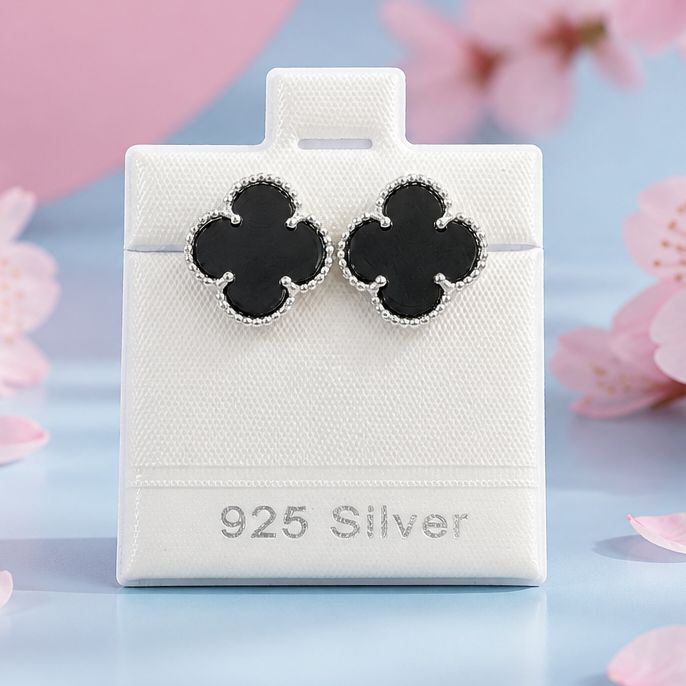 Arete Trébol Negro Grande  Plata 925 Italiana