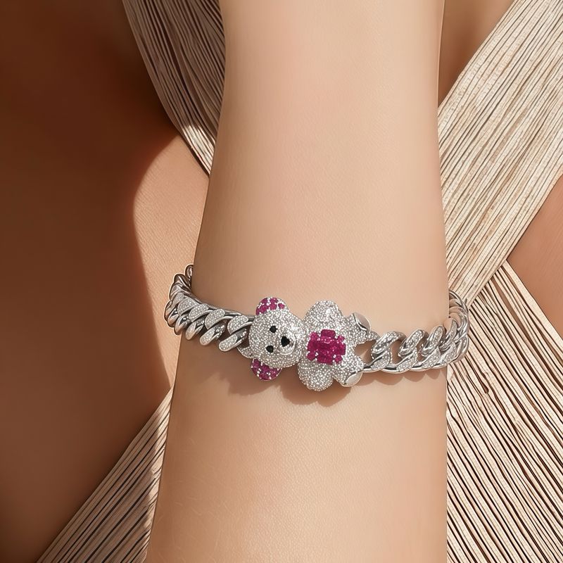 Pulsera  Monac. Triple Osito color rojo Micropabe 8'' de largo.  Plata 925