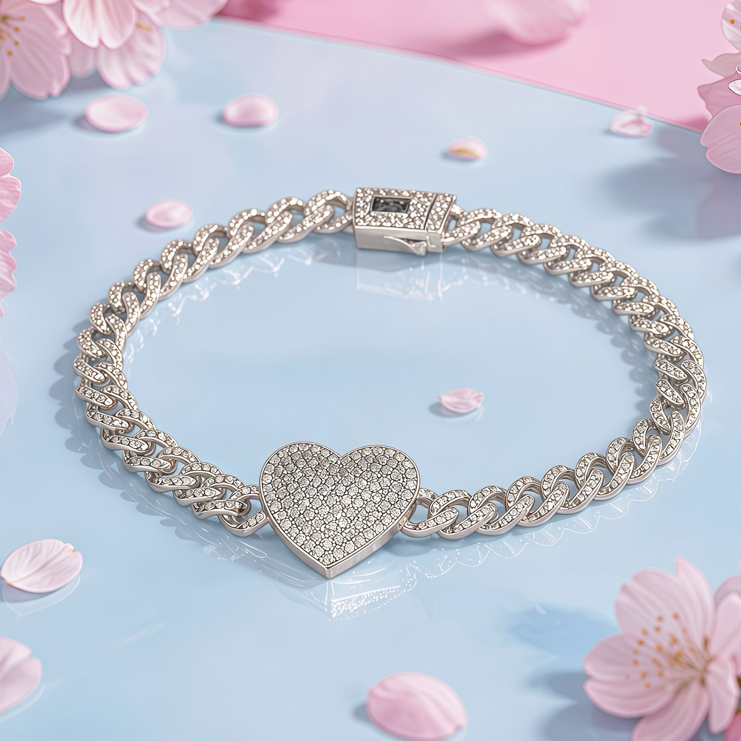Pulsera Monac. Micropabe Corazon Blanco 7'' de largo.  Plata 925 Koreana