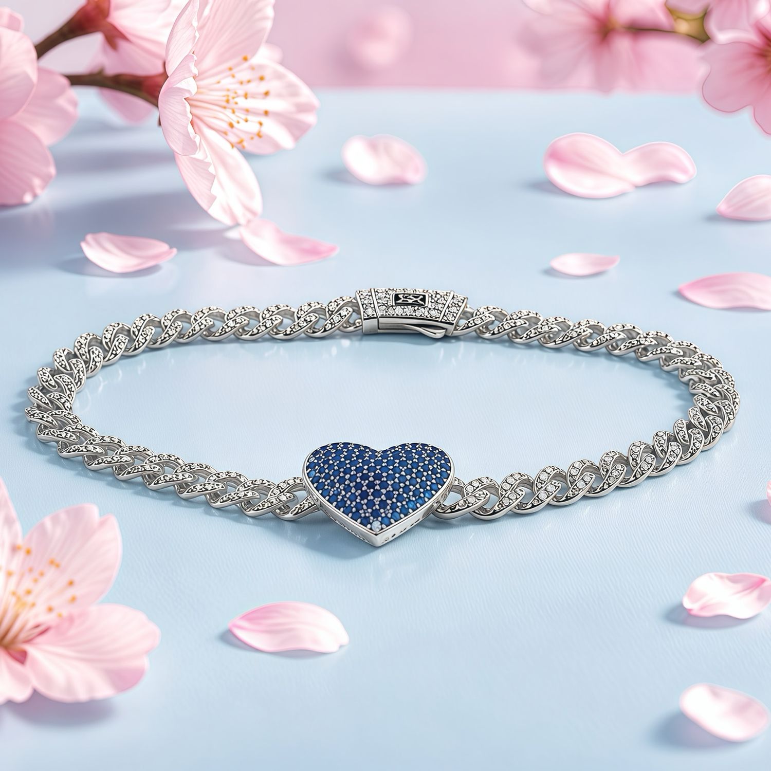 Pulsera Monac. Micropabe Corazon Azul 7'' de largo.  Plata 925 Koreana