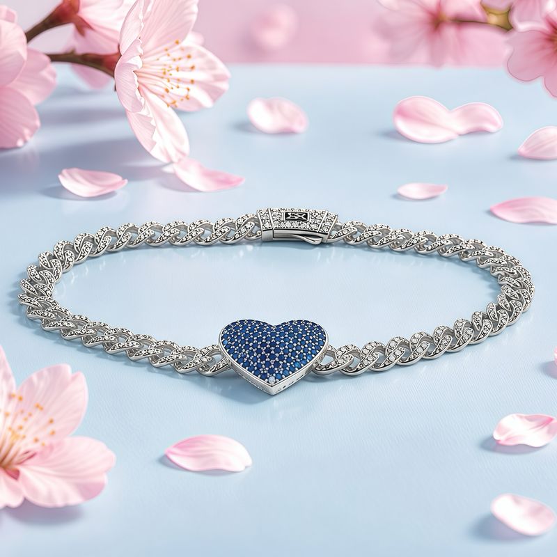Pulsera Monac. Micropabe Corazon Azul 7'' de largo.  Plata 925 Koreana