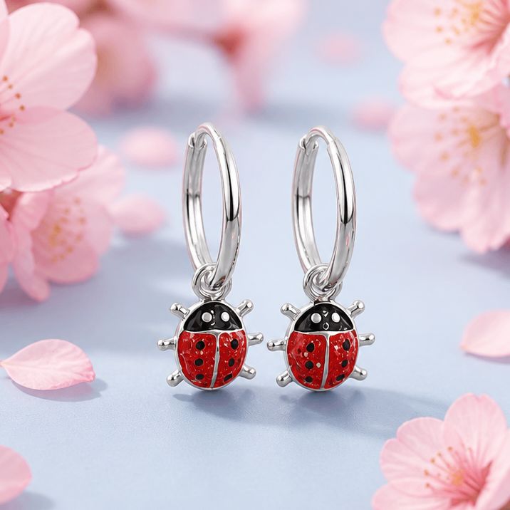 Arracadita con figuras de ladybug esmaltadas, plata 925 Tailandesa