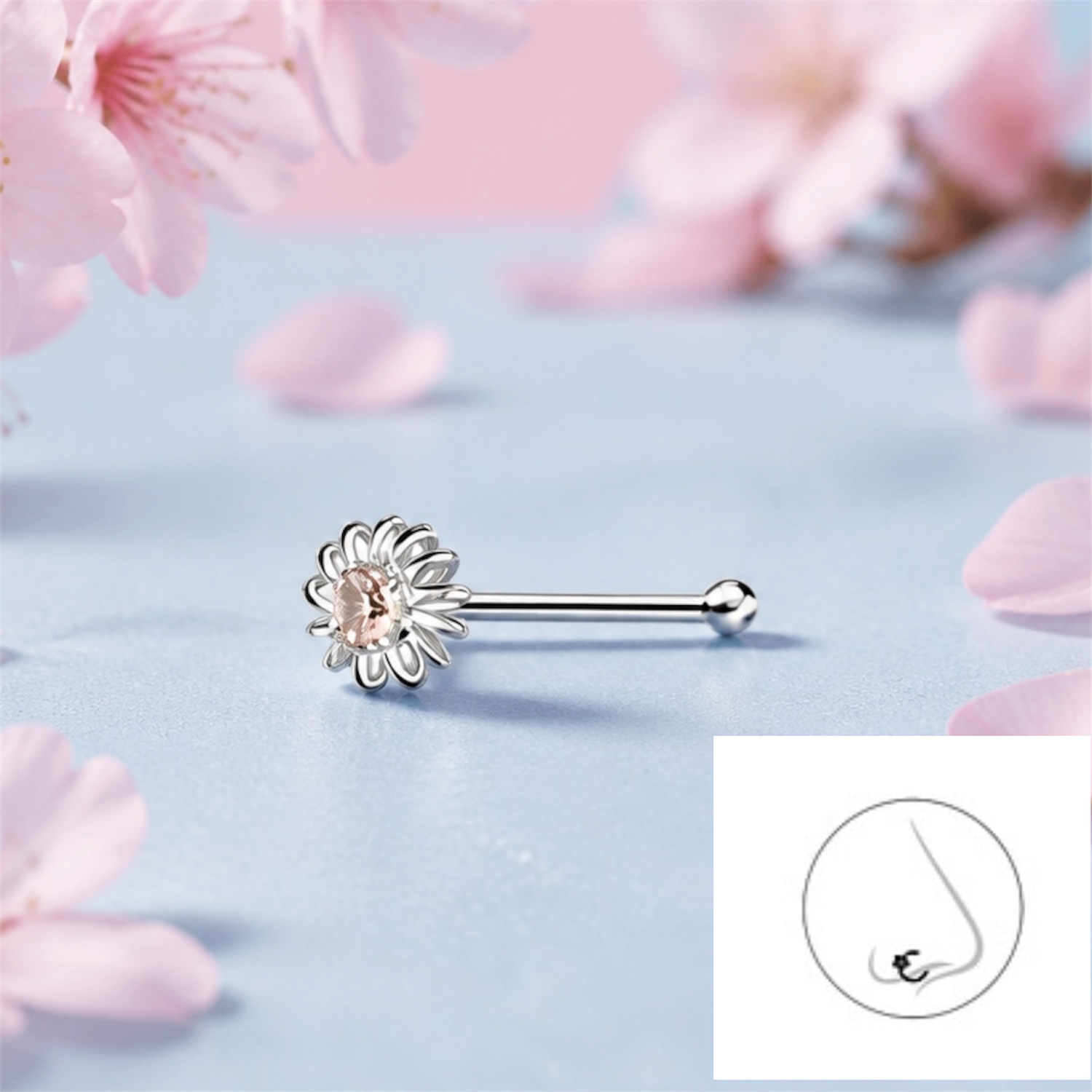 Piercing Nouse (Arete Nariz)  Flor Rosa Plata 925 Tailandés