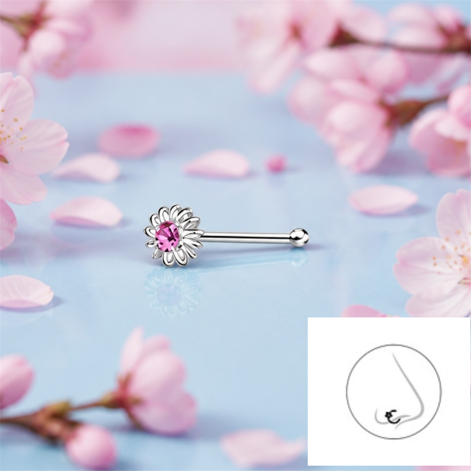 Piercing Nouse (Arete Nariz)  Flor Rosa Plata 925 Tailandés