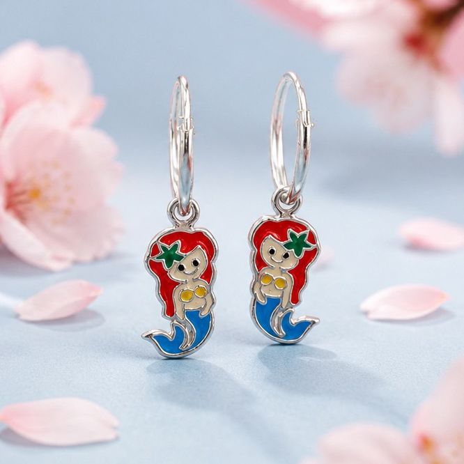 Arracadita con figuras Sirena esmaltadas, plata 925 Tailandesa