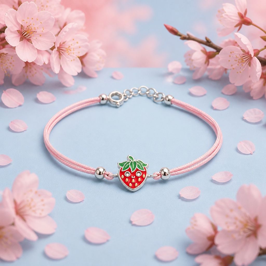 Pulsera Para Nina ultra delicada Fresita Esmaltado, mide de 5 a 6" con extension Plata 925 tailandesa