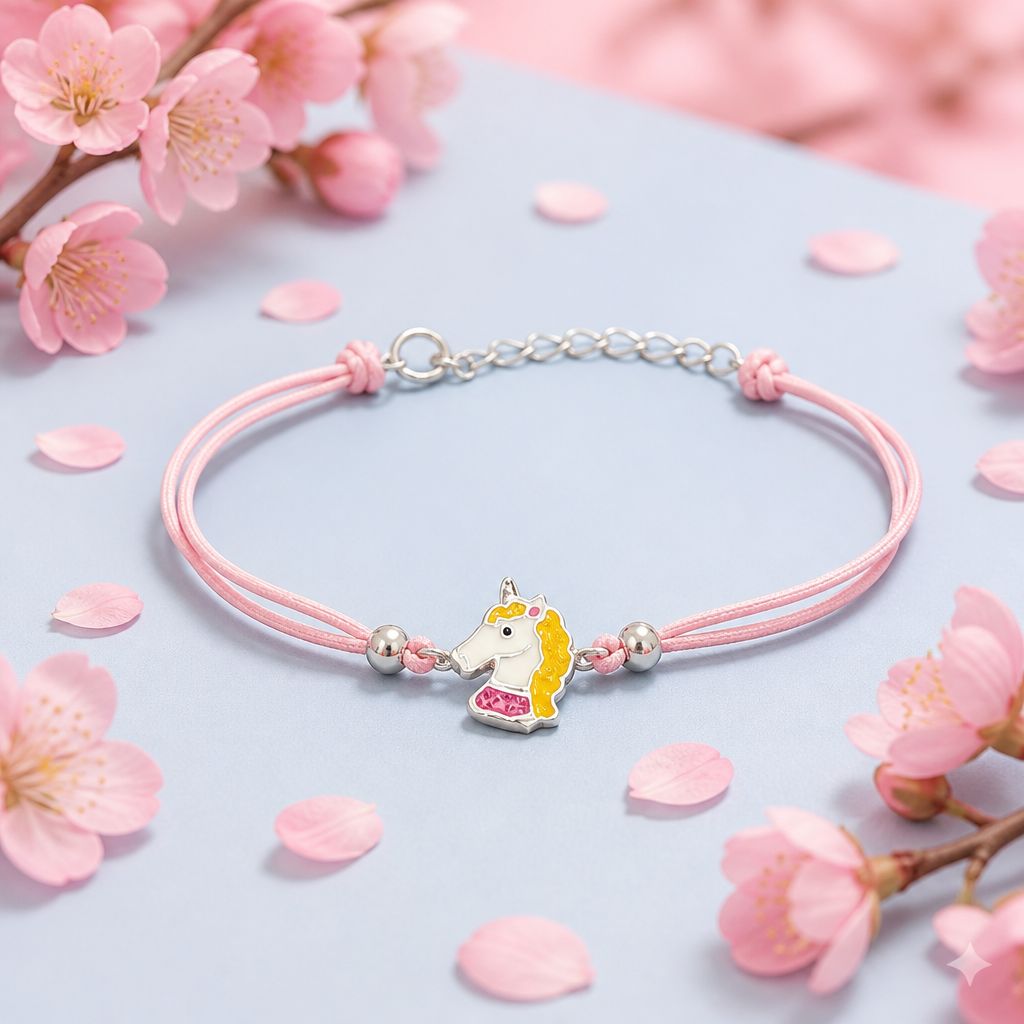 Pulsera Para Nina ultra delicada Unicornio Esmaltado, mide de 5 a 6" con extension Plata 925 tailandesa