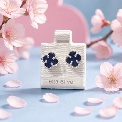 Arete Trebol Esmaltado Navy 9mm, Broche de mariposa, Plata 925 Mexicana