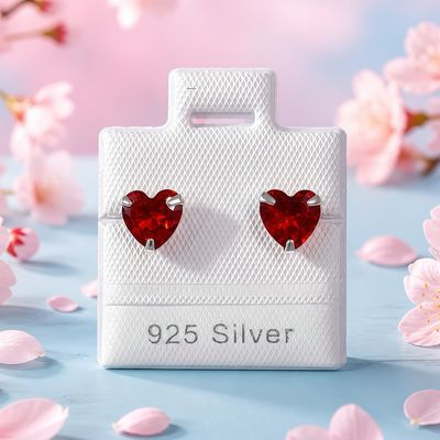 Broquel Corazon color Rubi 6.5mm, Plata 925 Thailandes, con Broche de Mariposa