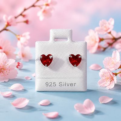 Broquel Corazon color Rubi 6.5mm, Plata 925 Thailandes, con Broche de Mariposa