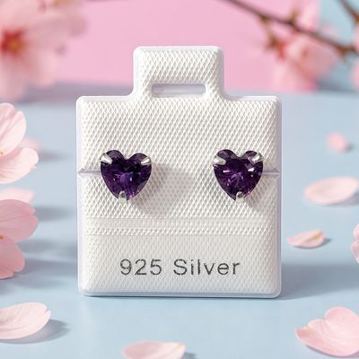 Broquel Corazon color Amatista 6.5mm, Plata 925 Thailandes, con Broche de Mariposa