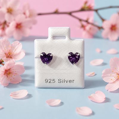 Broquel Corazon color Amatista 6.5mm, Plata 925 Thailandes, con Broche de Mariposa