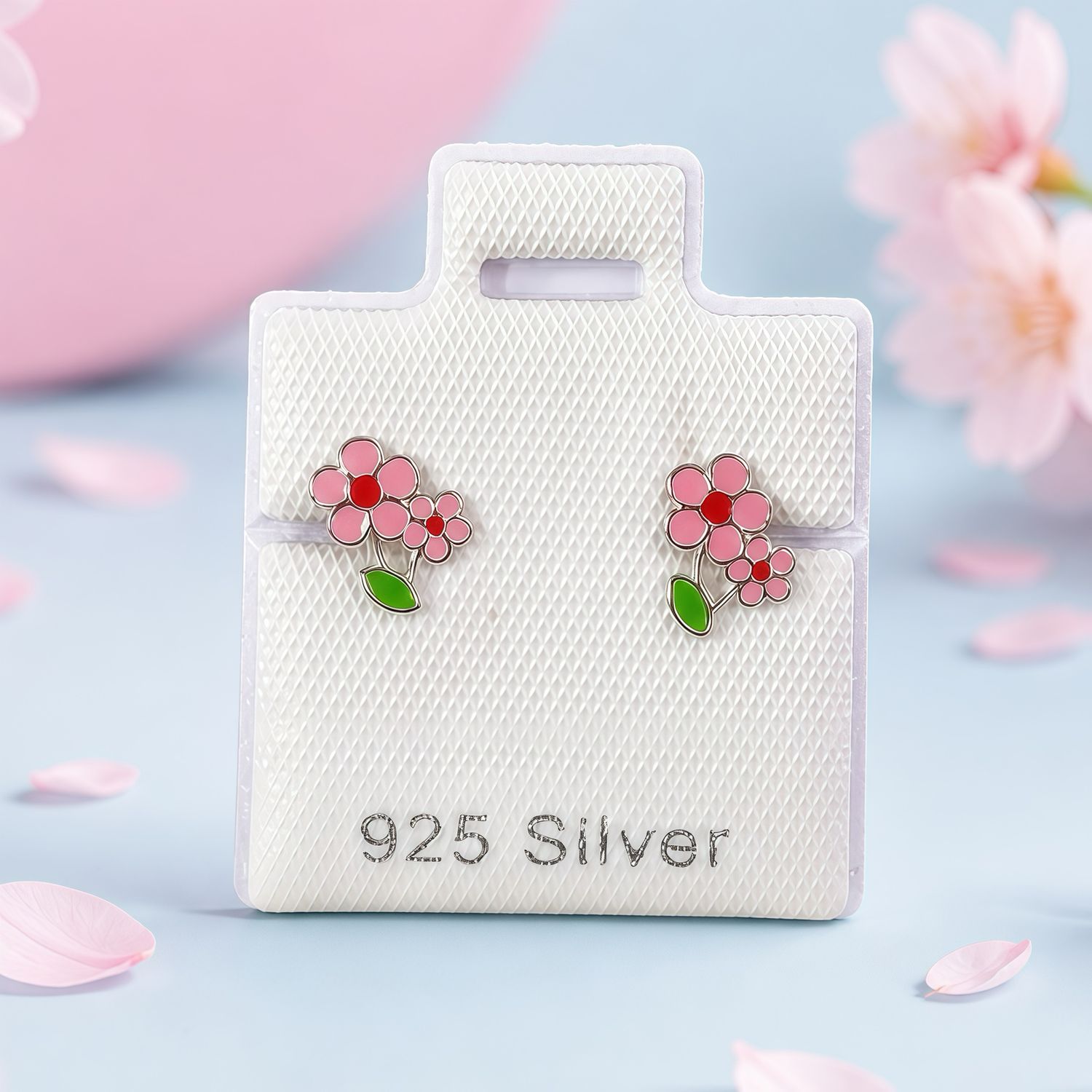 Broquel Florecitas esmaltadas Rosas, Plata 925 Thailandes, con Broche de Mariposa