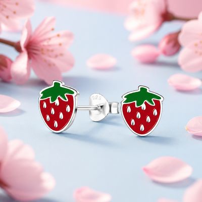 Broquel Fresitas  Esmaltadas Rojas, Plata 925 Thailandes, con Broche de Mariposa
