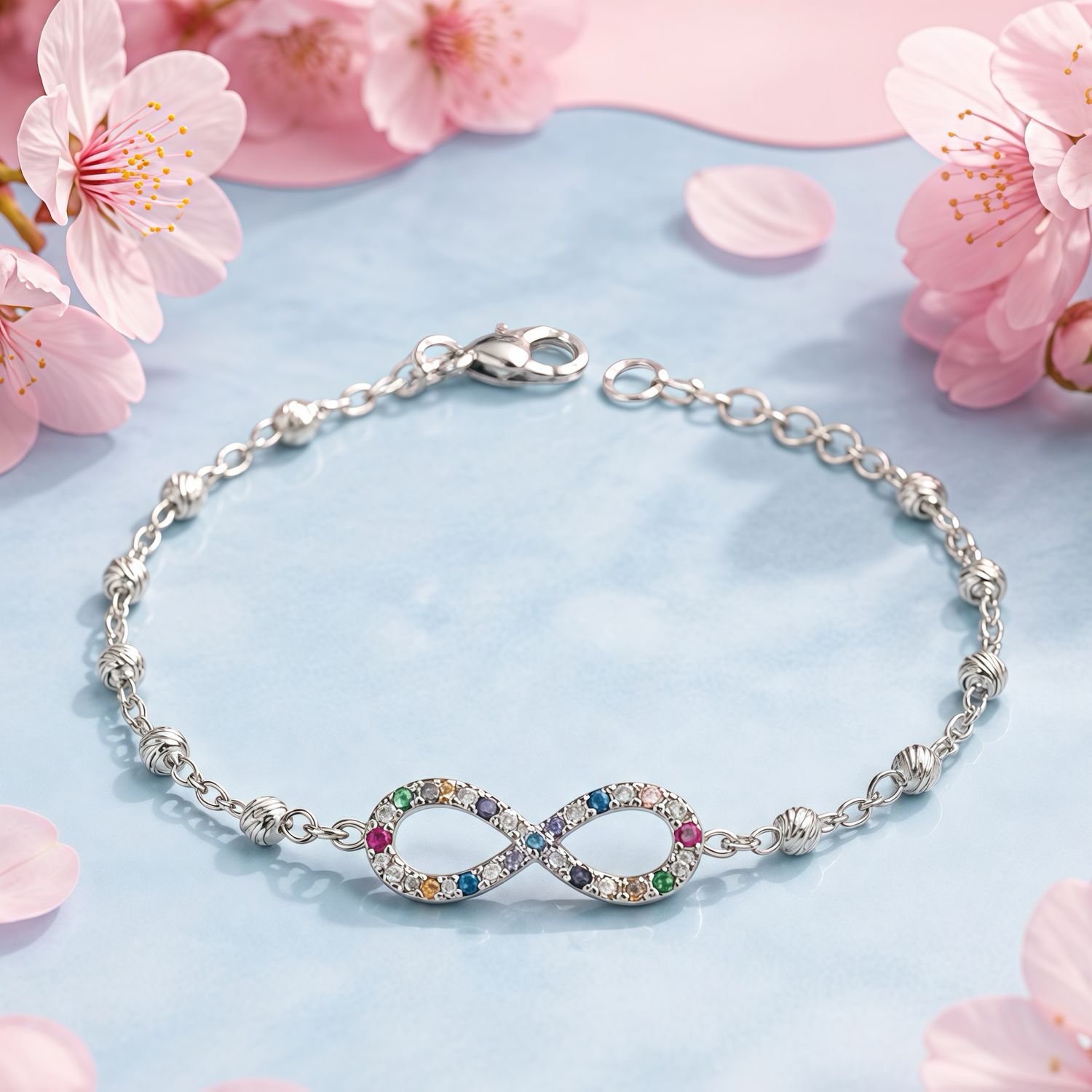 Pulsera Infinito con Micropable colores  mide 7.5" de largo, Plata 925 Mexicana.