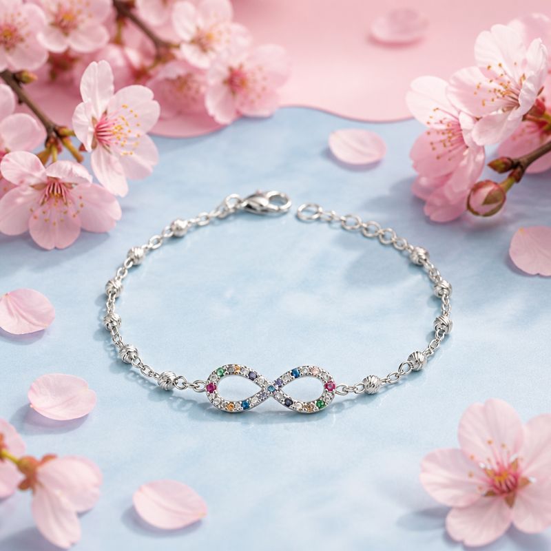 Pulsera Infinito con Micropable colores  mide 7.5" de largo, Plata 925 Mexicana.