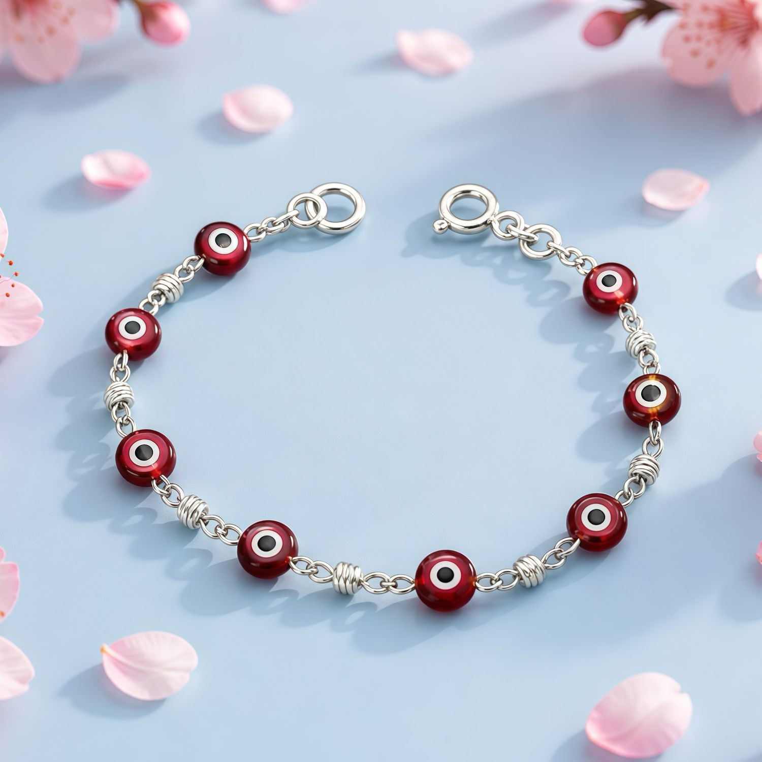 Pulsera para Ninos Ojitos Rojos mide 6' de largo, Plata 925 Mexicana.