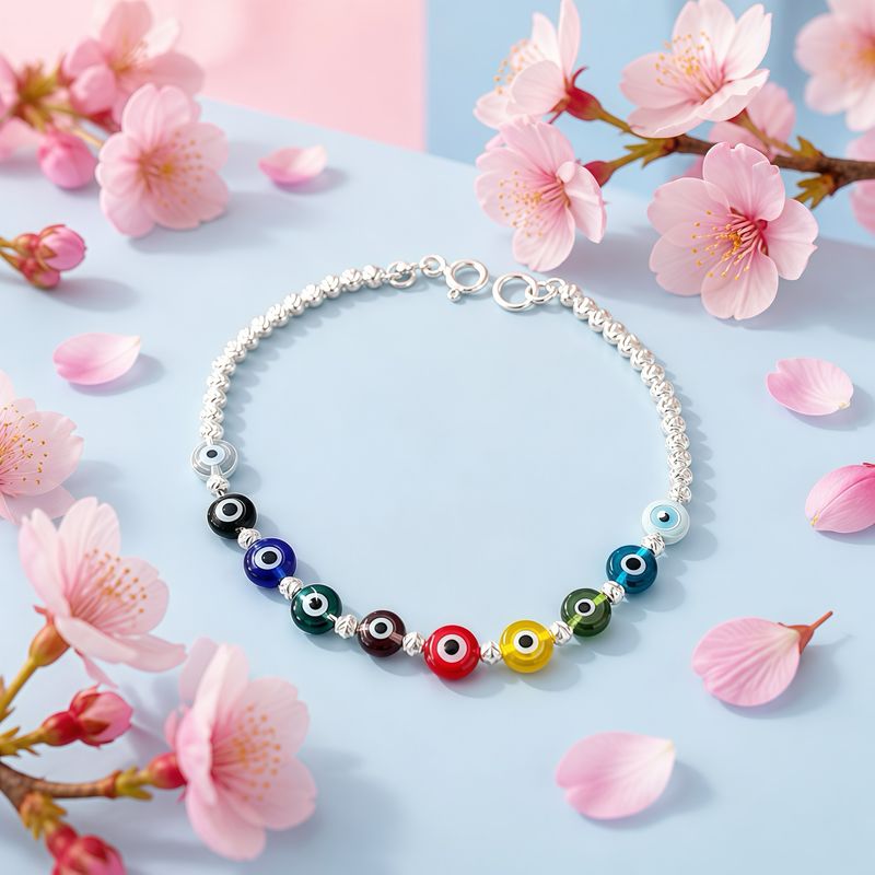 Pulsera  Ojitos colores mide 7" de largo, Plata 925 Mexicana.