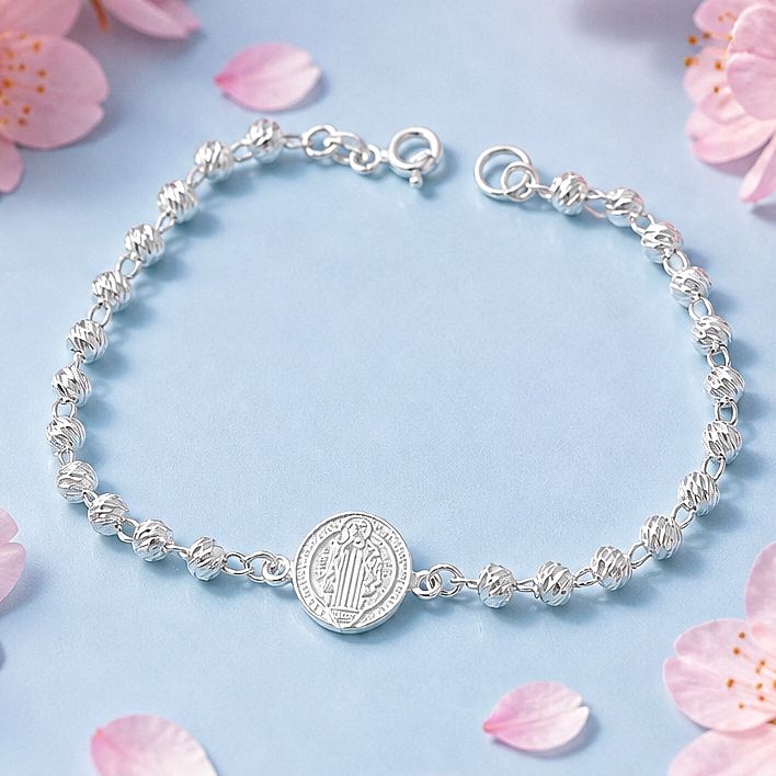 Pulsera Medalla San Benito Mide 7' de largo, Plata 925 Mexicana.