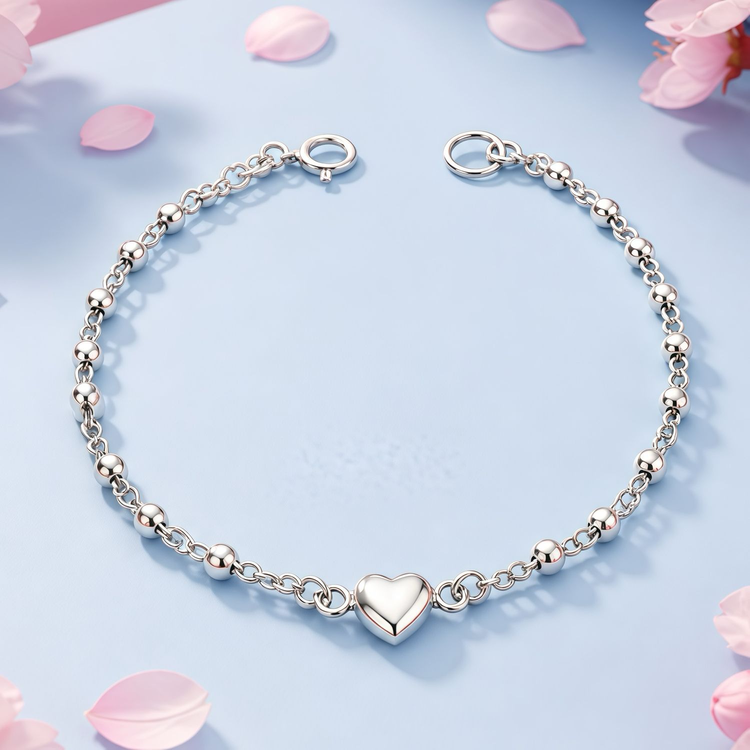 Pulsera Corazon Mide 7' de largo, Plata 925 Mexicana.