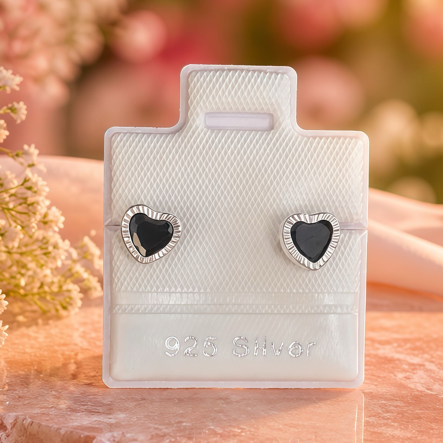 Broquel Corazon Bicel Diamantado 5MM, Negro Plata 925 MX