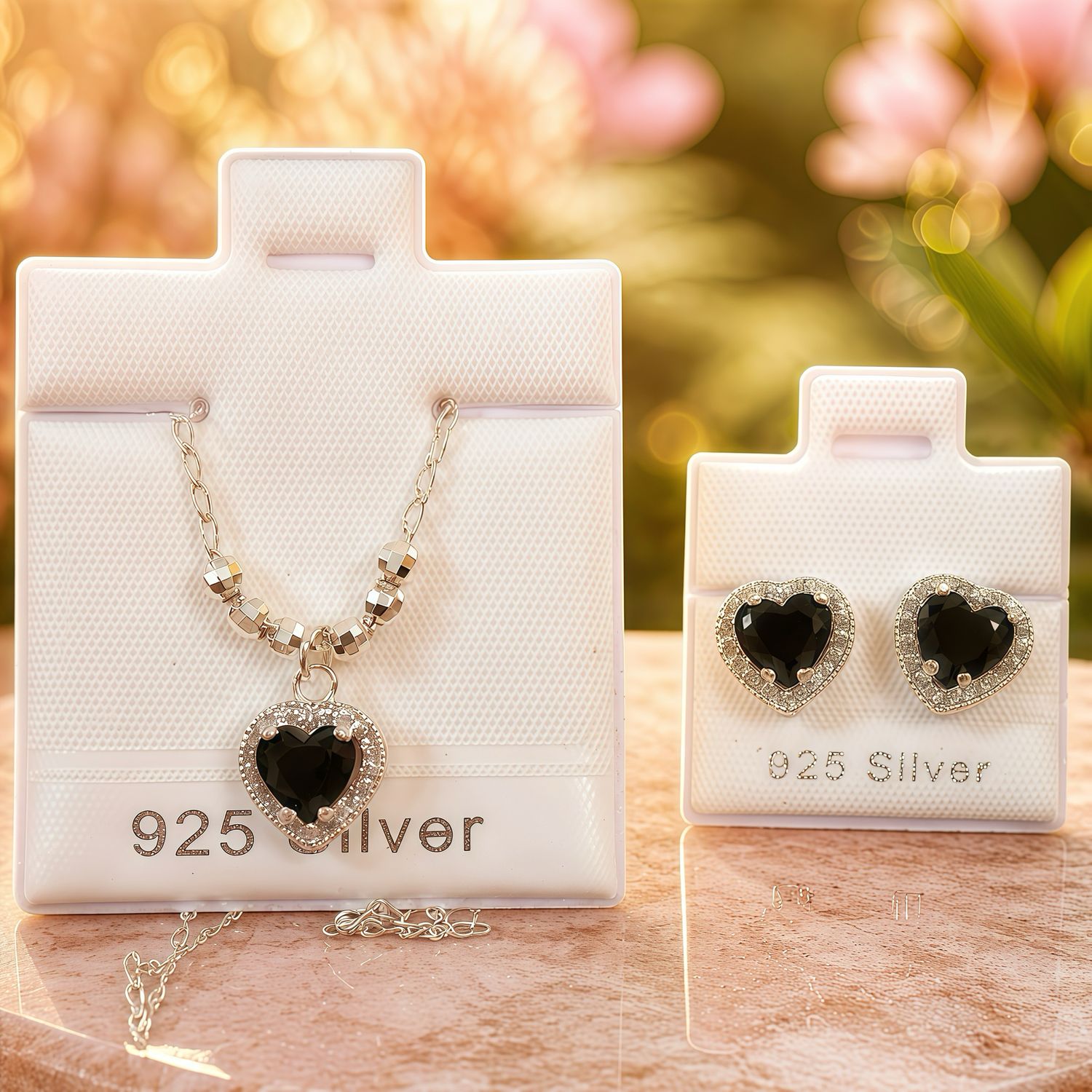 Set PAND Corazon Negro Collar mide 18" de largo, Plata 925 Mexicana