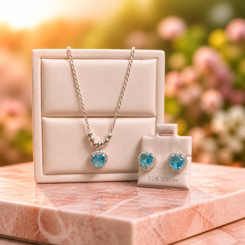 Set PAND Corazon Aqua Collar mide 18" de largo, Plata 925 Mexicana