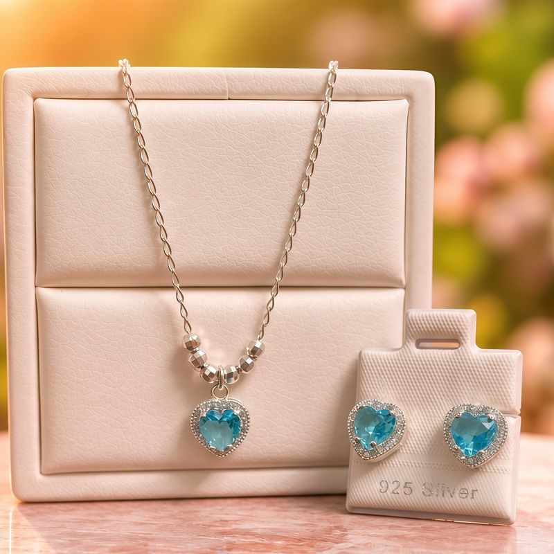 Set PAND Corazon Aqua Collar mide 18" de largo, Plata 925 Mexicana