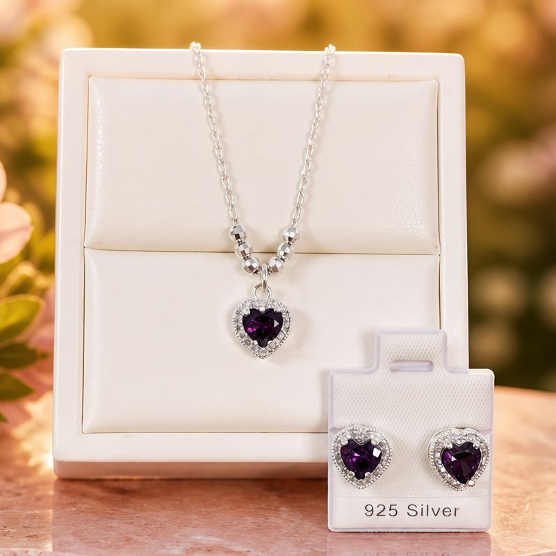Set PAND Corazon Morado  Collar mide 18" de largo, Plata 925 Mexicana