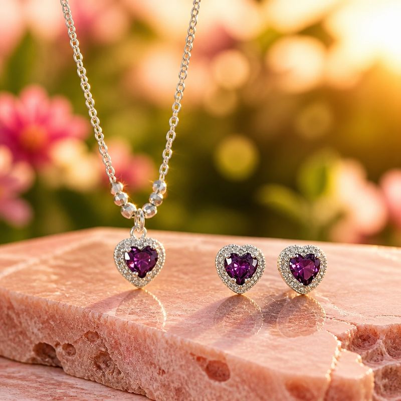 Set PAND Corazon Morado  Collar mide 18" de largo, Plata 925 Mexicana