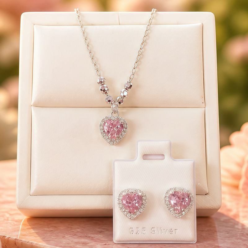 Set PAND Corazon Rosa Collar mide 18" de largo, Plata 925 Mexicana
