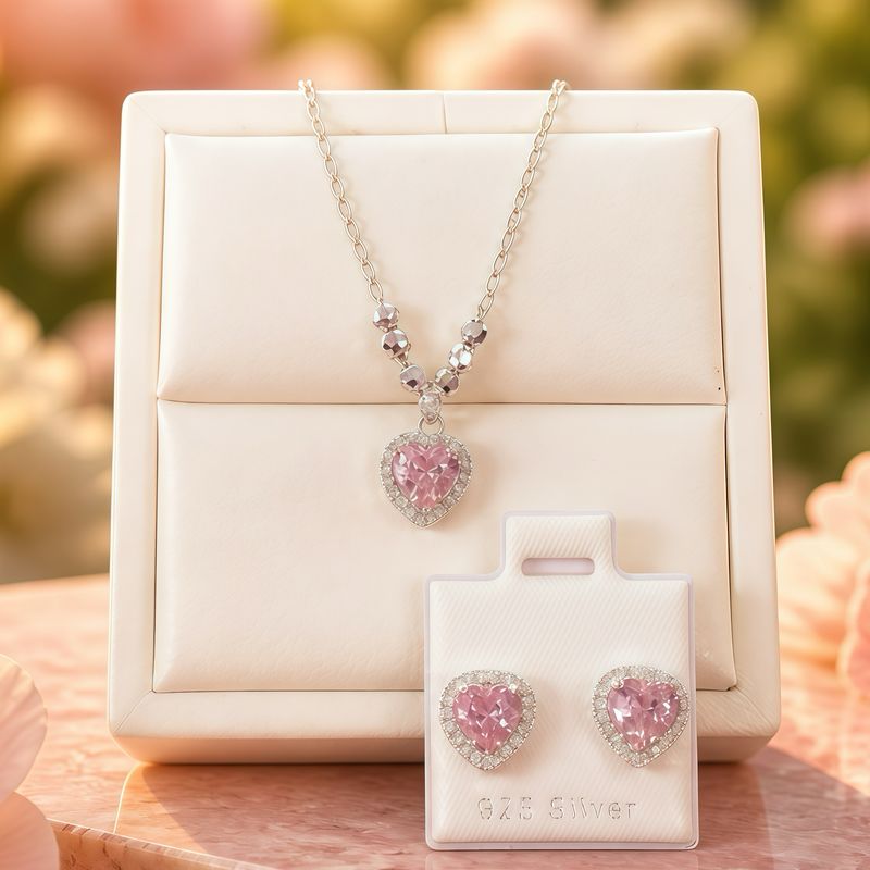 Set PAND Corazon Rosa Collar mide 18" de largo, Plata 925 Mexicana