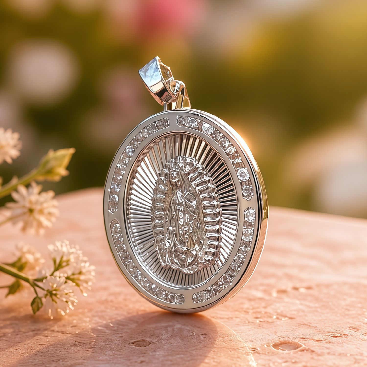 Dije Medalla Diamantada Virgen De Guadalupe  mide 2cm, ideal para cadena 3mm o menos