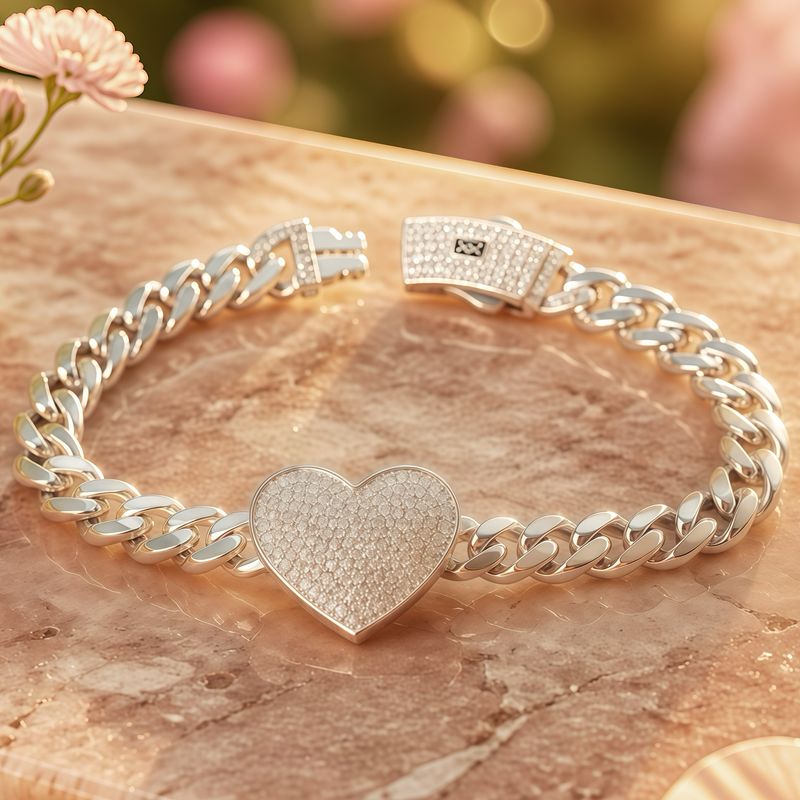 Pulsera Monac Cubana Corazon Micropabe mide 7” de largo Plata 925 Italiana 