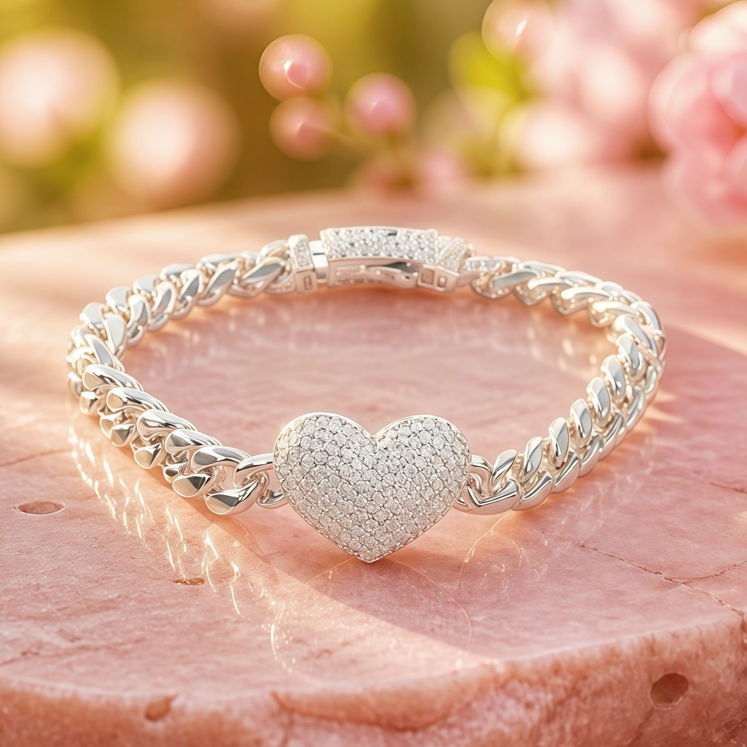 Pulsera Monac Cubana Corazon Micropabe mide 7” de largo Plata 925 Italiana 