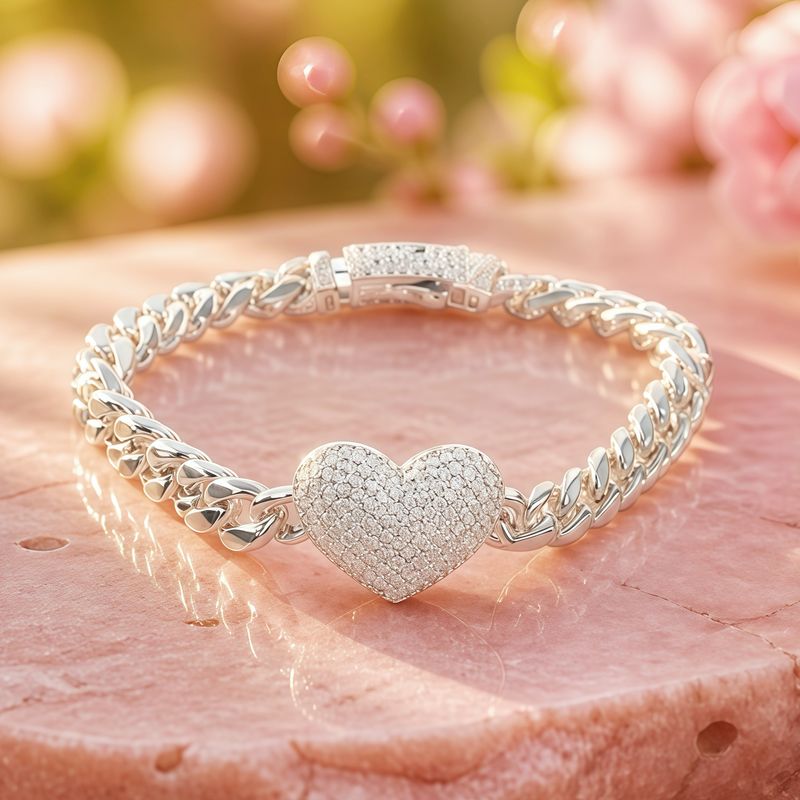 Pulsera Monac Cubana Corazon Micropabe mide 7” de largo Plata 925 Italiana 