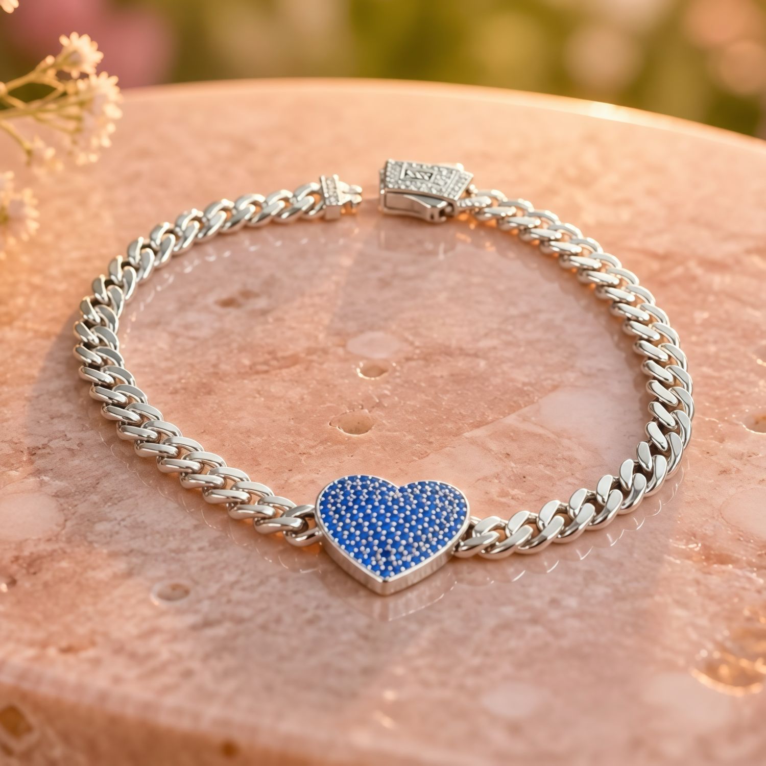 Pulsera Monac Corazon Azul 7"  de largo 5mm de ancho Alta 925 italiana