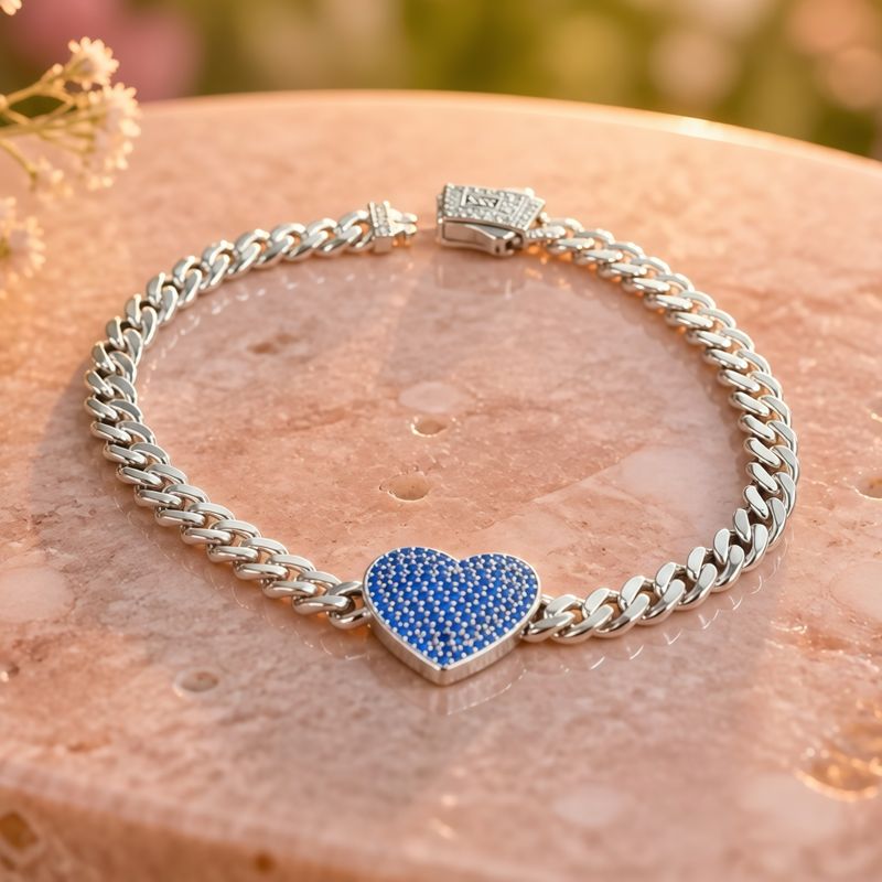 Pulsera Monac Corazon Azul 7"  de largo 5mm de ancho Alta 925 italiana
