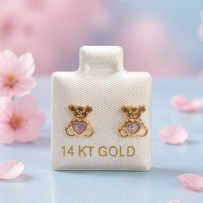 Broquel Osito Corazon Lila Oro 14K Mexicano