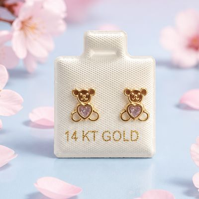 Broquel Osito Corazon Lila Oro 14K Mexicano
